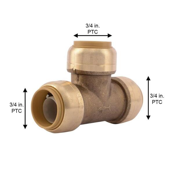 3/4 X 3/4 X 1/2 Inch Brass Push-Fit Tee Fitting - SharkBite Style, Lead Free