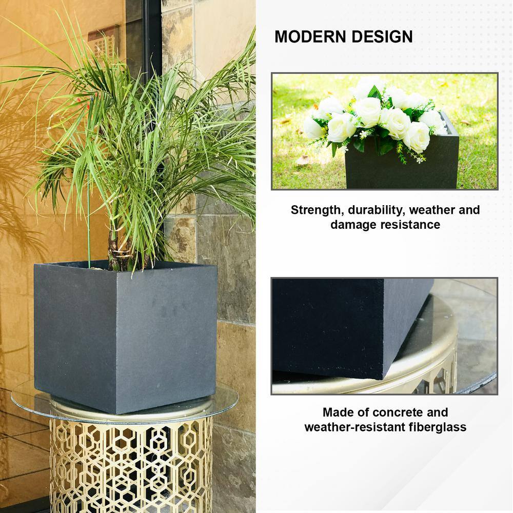 Modern Lightweight Concrete Square Planter, Charcoal Black, 15.35"