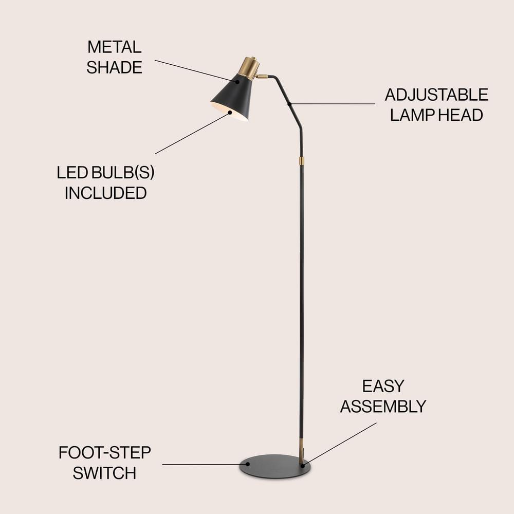 Apollo 61" Antique Black Metal LED Floor Lamp with Brass Accents