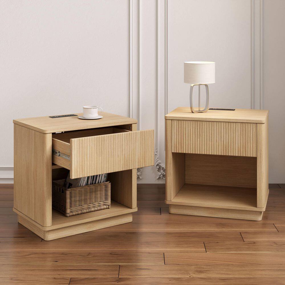 Carter Modern Natural 1-Drawer 21.65 in. W Nightstand with Built-In Charging Station and USB Port, (Set of 2)