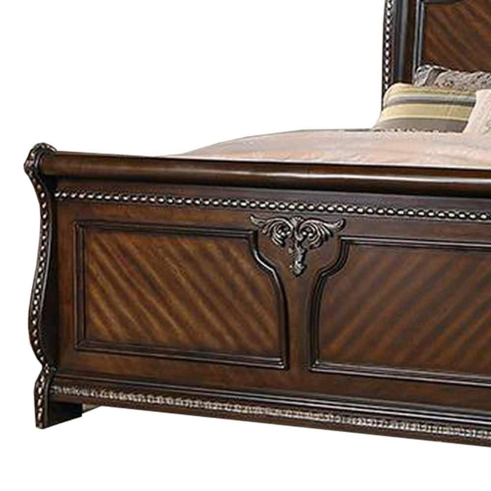 Qoz Dark Walnut Wood Queen Bed with Carved Scalloped Headboard