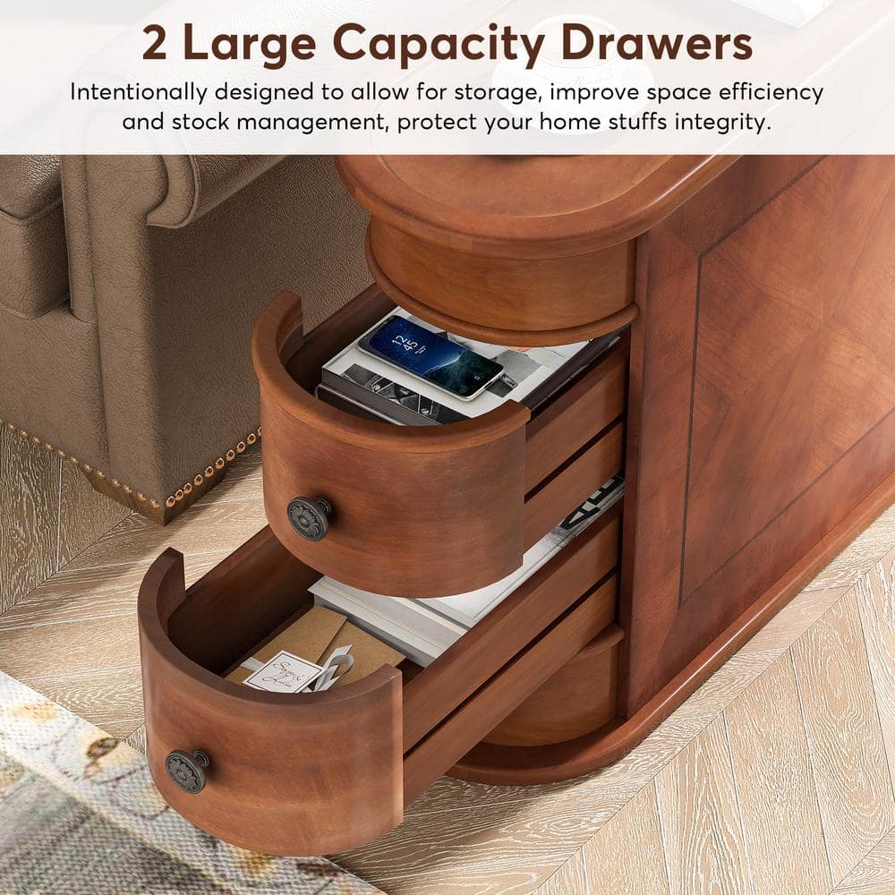 Walnut U-Shaped Wood End Table with Storage