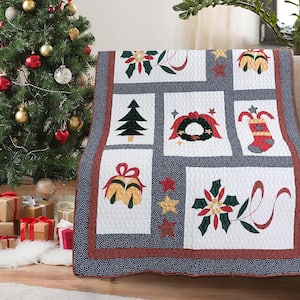 Season Joy Merry Christmas Happy Holiday Tree Stocking Wreath Red Green Cotton Polyester Decor Throw Blanket (set of 1)
