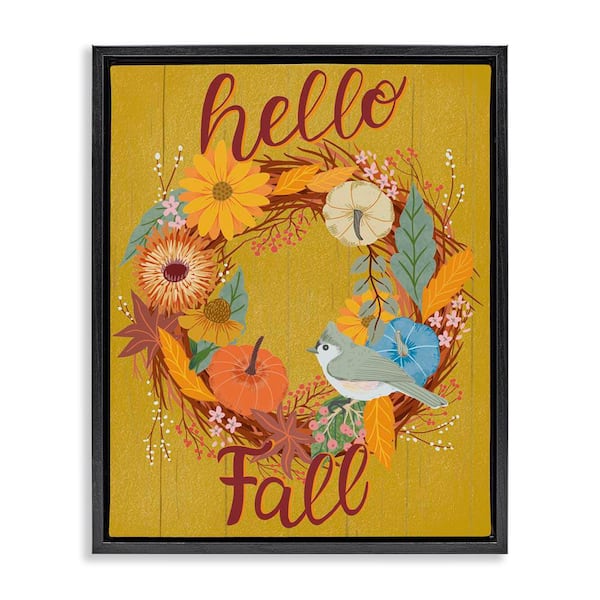 Stupell Industries Hello Fall Bird Wreath by Jo Reid Black Floater Frame Animal Graphic Art Print 21 in. x 17 in.
