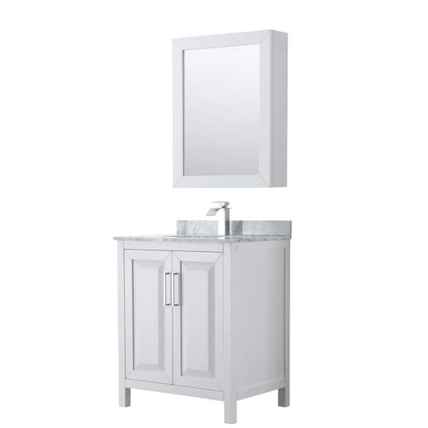 Wyndham Collection Daria 30 in. Single Bathroom Vanity in White with Marble Vanity Top in Carrara White and Medicine Cabinet