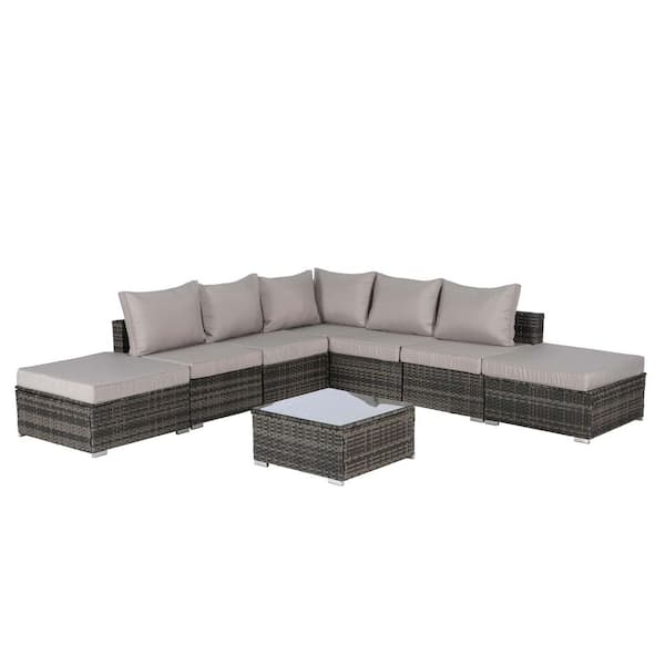 Unbranded 8-Pieces Wicker Outdoor Sectional Set, Sofa Couch with Light Gray Cushions, Glass Coffee for Garden Poolside