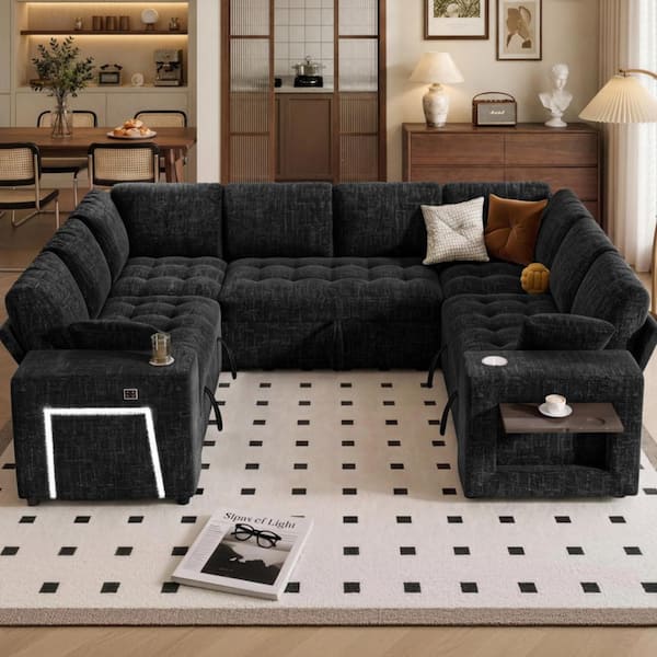 110" 8-Seat U Chenille Sleeper Sectional,Pull Out Bed, Storage Loveseat, USB, Cup Holders, Side Tbl, Tool-Free Assembly