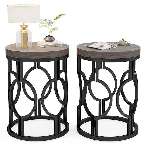 BYBLIGHT 17.72 in. Grey Round Engineered Wood End Table Set of 2, Side Table Nightstand with Metal Hollow Frame