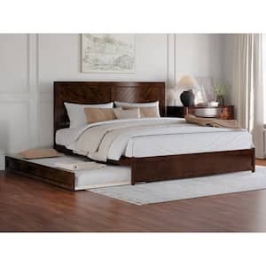Clayton Walnut Brown Solid Wood Frame King Platform Bed with Panel Footboard Twin XL Trundle