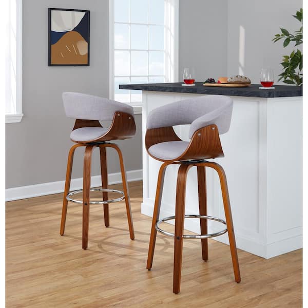 Lumisource Vintage Mod 29 in. Stone Fabric, Walnut Wood and Chrome Metal Fixed-Height Bar Stool Round Footrest (Set of 2)