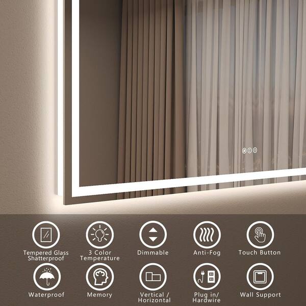 48 in. W x 40 in. H Rectangular Frameless Front & Back Lighted Anti-Fog Wall Bathroom Vanity Mirror, Tempered Glass, ETL