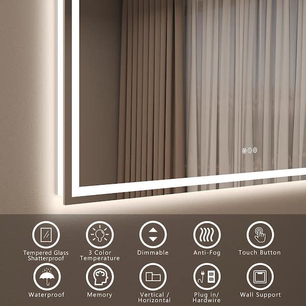 96 in. W x 36 in. H Rectangular Frameless Front and Back Lighted Anti-Fog Wall Bathroom Vanity Mirror, Tempered Glass