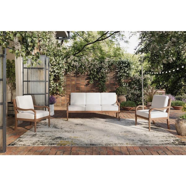 New Classic Furniture Savannah 3-Piece Wood Patio Conversation Set with White Cushions