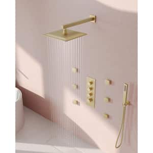 Thermostatic Shower 7-Spray Wall Mount 12 in. Fixed and Handheld Shower Head 2.5 GPM in Brushed Gold Valve Included