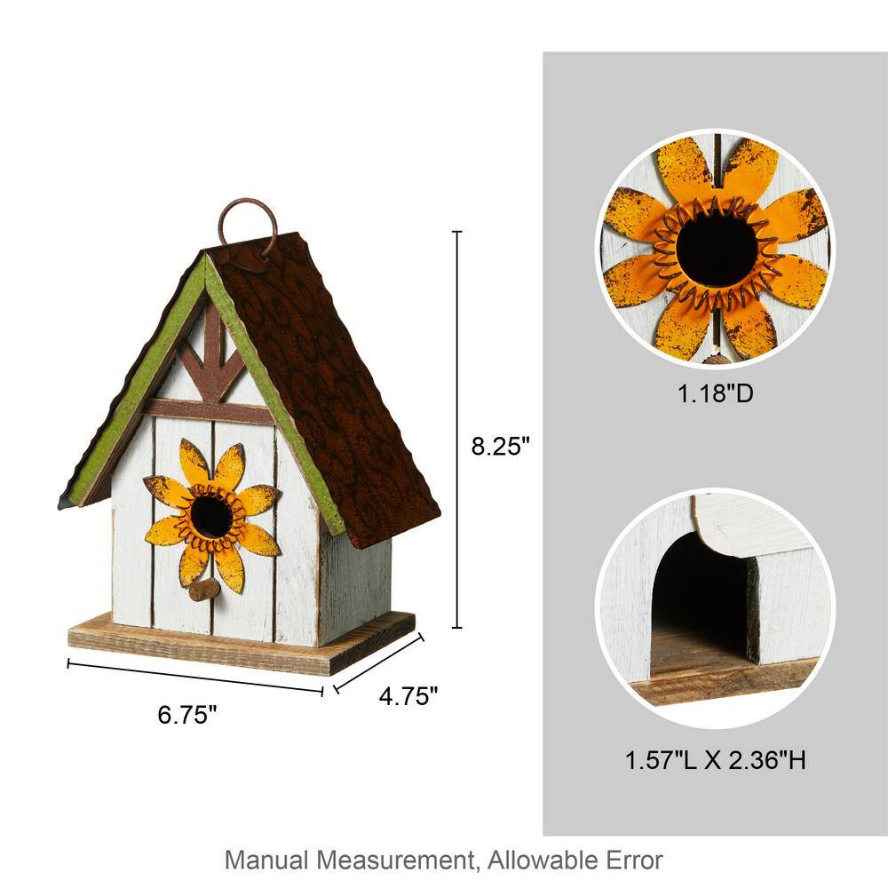 Distressed White and Brown Solid Wood Birdhouse with 3D Metal Flower