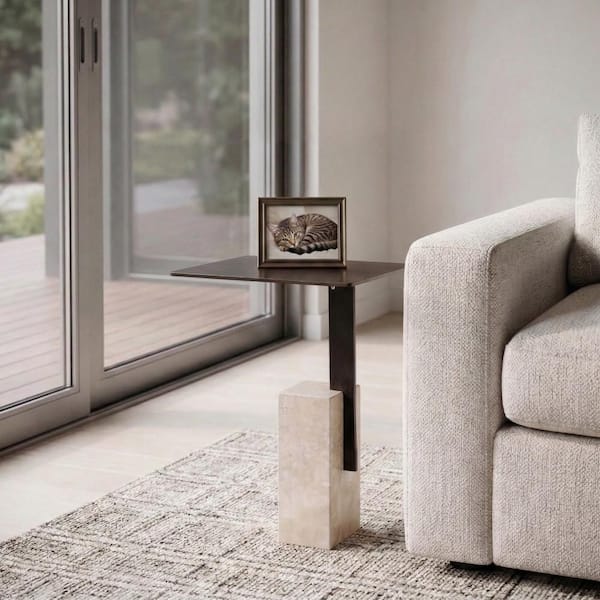 16 in. Bronze Rectangular Metal Top End Table with Travertine Block Base