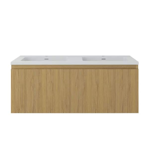 48 in. Wall-Mounted Yellow Oak Bath Vanity with White Cultured Marble Top Assembled