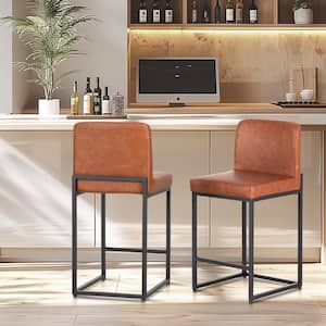 24 in. Brown PU Leather Counter Height Bar Stool with Metal Frame, Set of 2