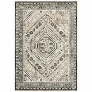 4' X 6' Ivory Grey Black And Ivory Oriental Power Loom Stain Resistant Area Rug