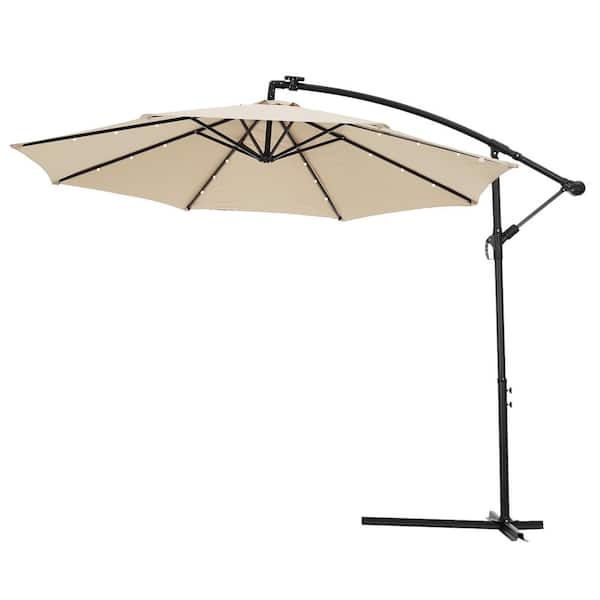 Jushua 10 ft. Solar LED Outdoor Umbrella Hanging Cantilever Patio Umbrella Offset Umbrella with 32 LED Lights in Tan