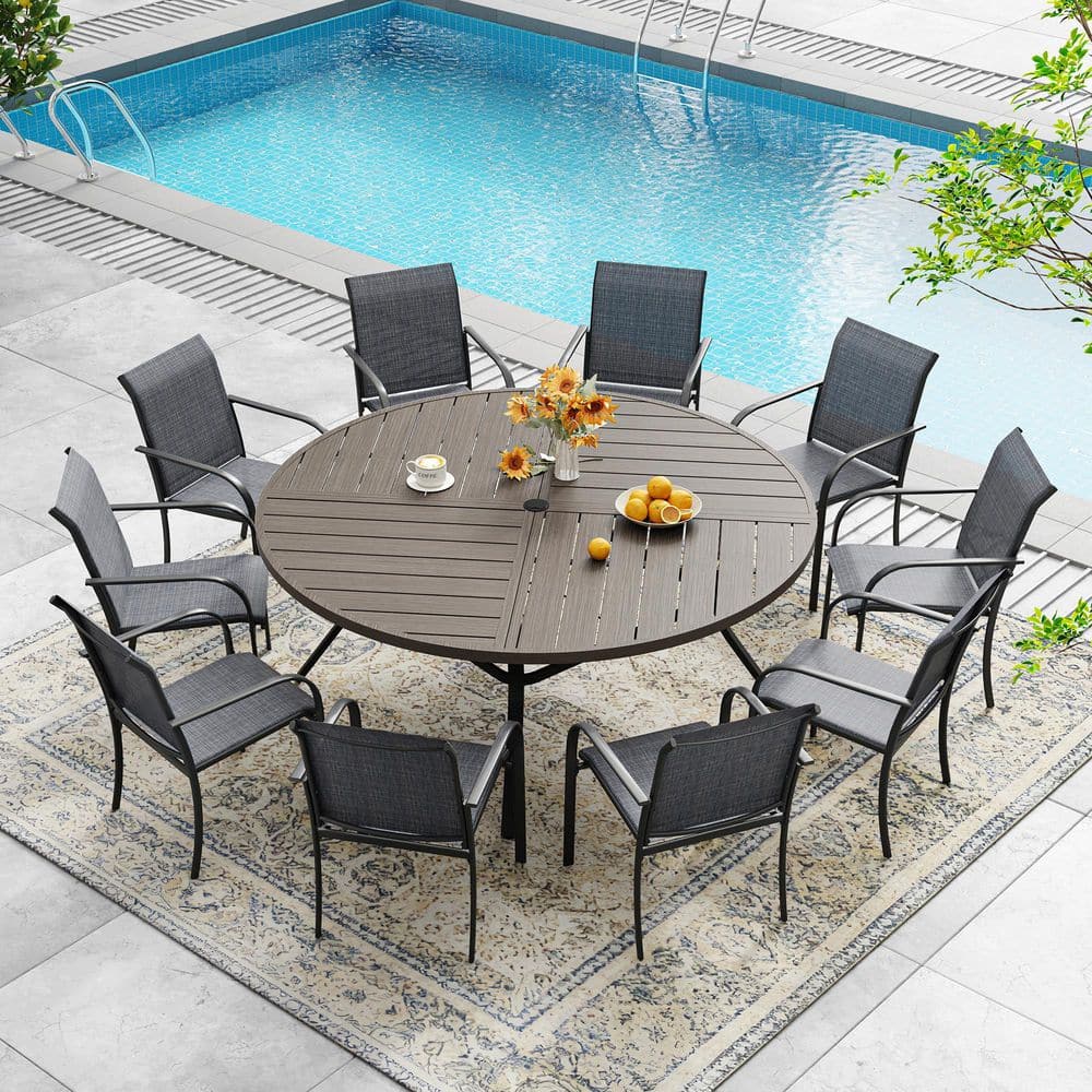 11-Piece Outdoor Patio Dining Set with 59.8 in. Grey Wood-Like Round Table and 10-Grey Dining Chairs price history on PriceWatchPro