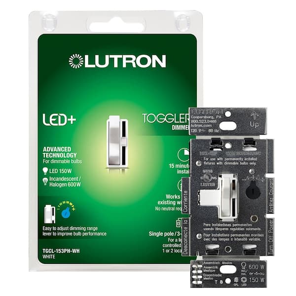 Lutron Toggler LED+ Dimmer Switch for Dimmable LED and Incandescent Bulbs, 150W LED/Single-Pole or 3-Way, White (TGCL-153PH-WH)