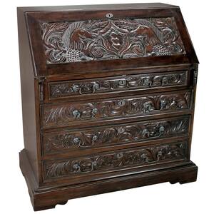 Carved Unicorn 33 in. Rectangular Mahogany Brown 9-Drawer Drop-Front Writing Desk