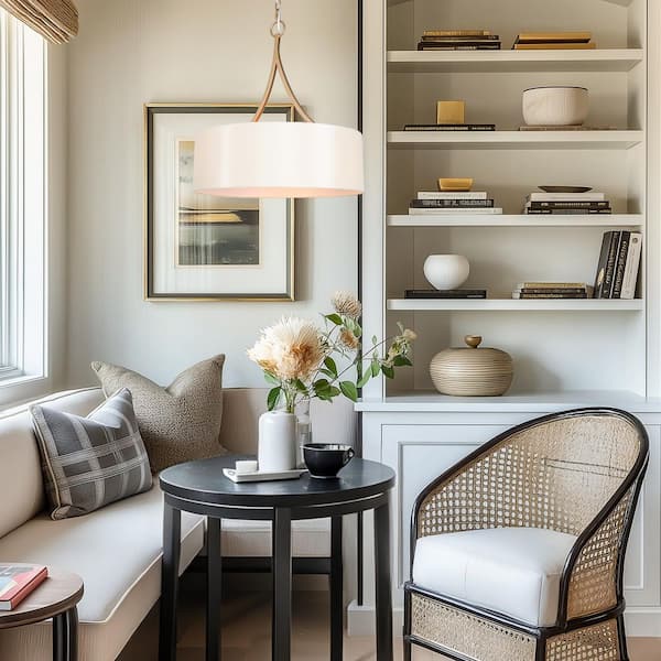 3-Light Modern Dark Gold Pendant Light, Farmhouse Chandelier with Drum Fabric Shade, White Island Pendant Hanging Light
