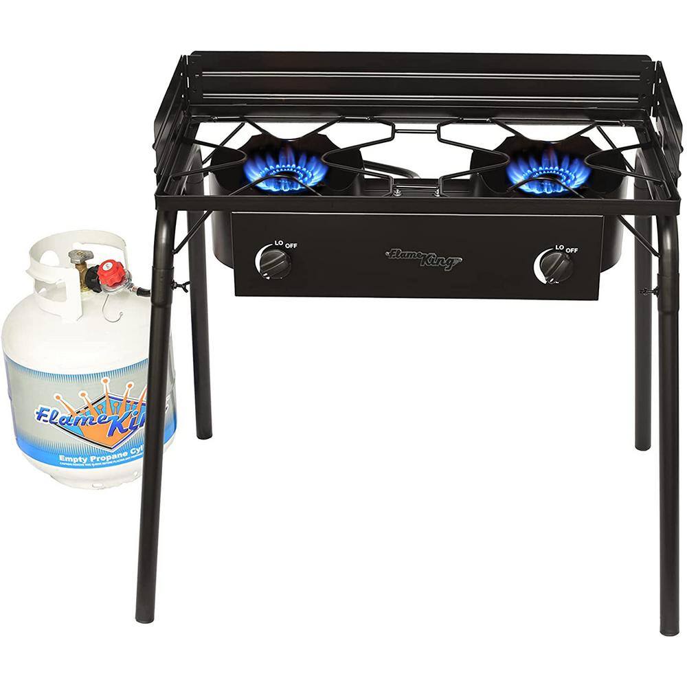 Flame King Black 2-Burner Propane Camp Stove with Windscreen