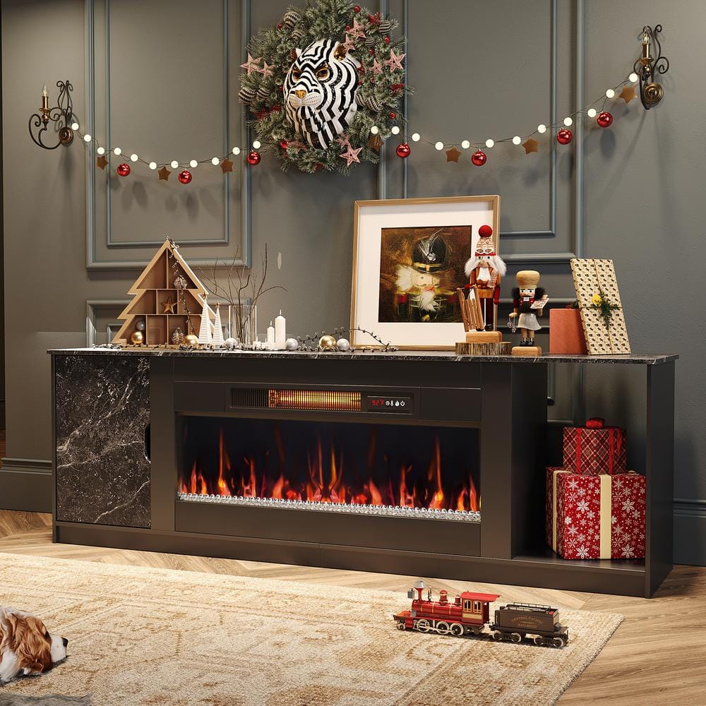 Bestier 70 Black Marble TV Stand with Electric Fireplace Fits