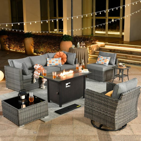 Sanibel Gray 8-Piece Wicker Outdoor Patio Conversation Sofa Sectional Set with a Metal Fire Pit and Dark Gray Cushions