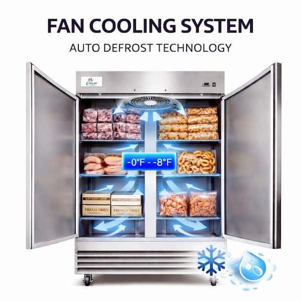 54 in. W 48 cu. ft. NSF Auto Defrost 2-Door Commercial Reach In Upright Freezer in Stainless Steel