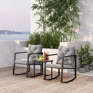 3-Piece Indoor Outdoor Furniture Patio Conversation Set Iron Rocking Chairs and Table Set for Yard with Gray cushion