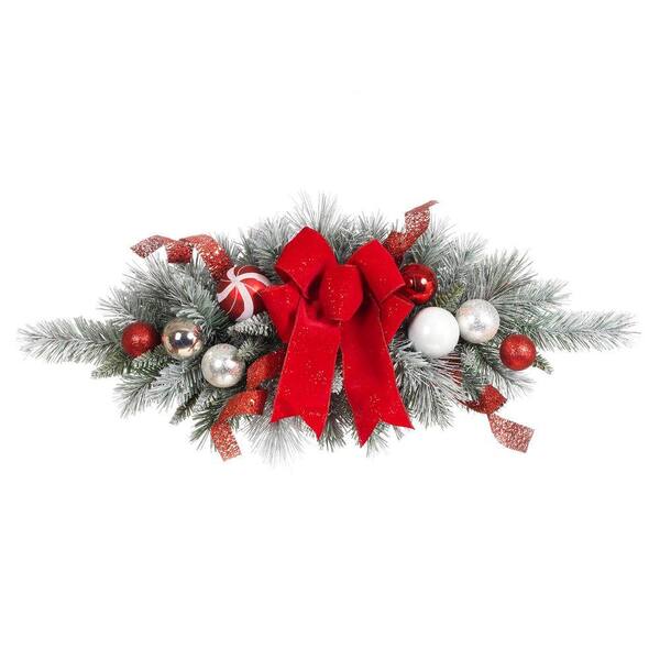 Home Accents Holiday 32 in. Flocked Pine Swag with Red and White Ball and Velvet Bow