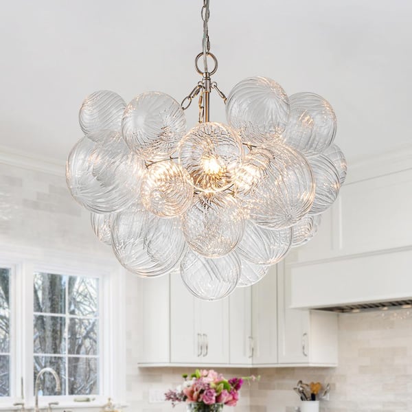 HUOKU Neuvy 24 in.W 3-Light Nickel Bubble, Crystal Cluster, Globe Chandelier with Swirled Glass Shades for Dining Room