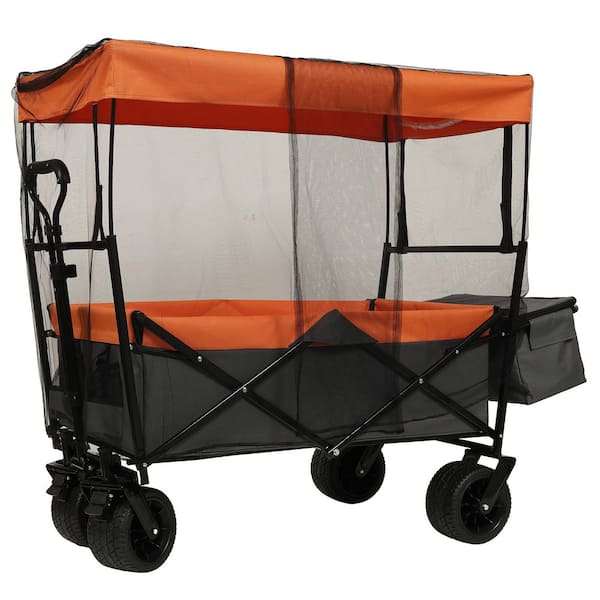20 cu. ft. 480Lbs Collapsible Steel Wagon Garden Cart Powered Wheelbarrow with Canopy Orange with Mosquito Net