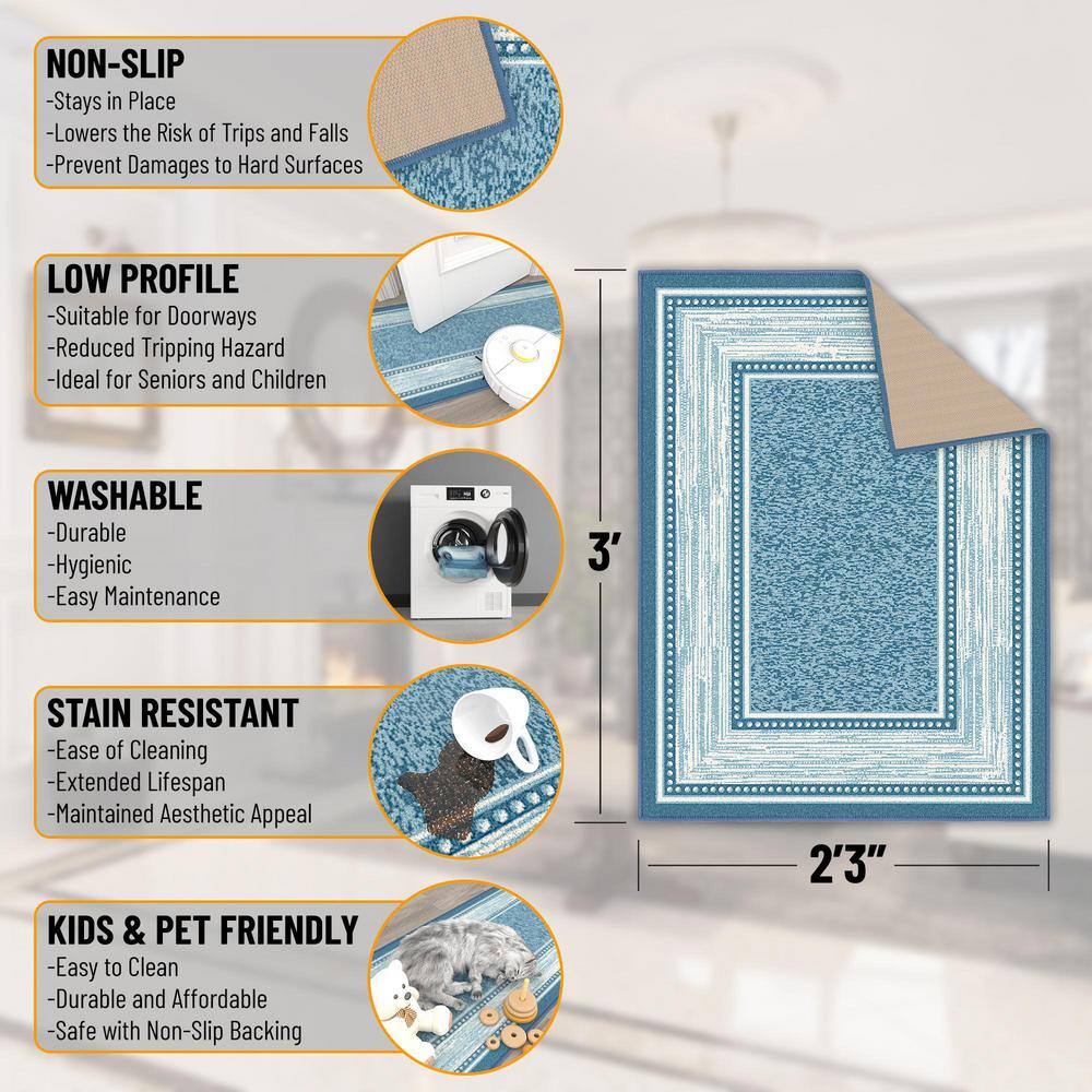 Blue Synthetic Non-Slip Washable Rectangle Area Rug