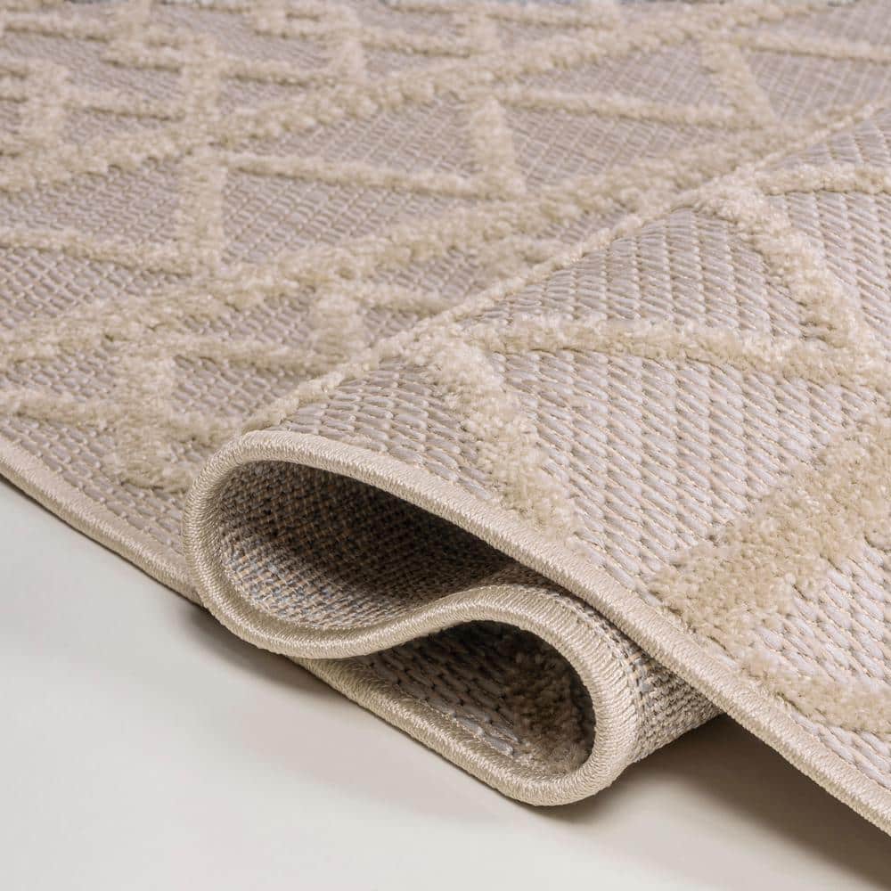 Beige Geometric High-Low Pile Indoor/Outdoor Runner Rug