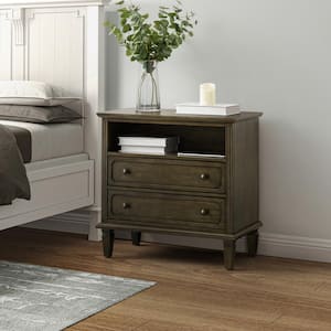 Juiien Traditional Farmhouse Solid Wood 2 Drawers Storage Nightstand with Charging Station and Adjustable Legs-Kona