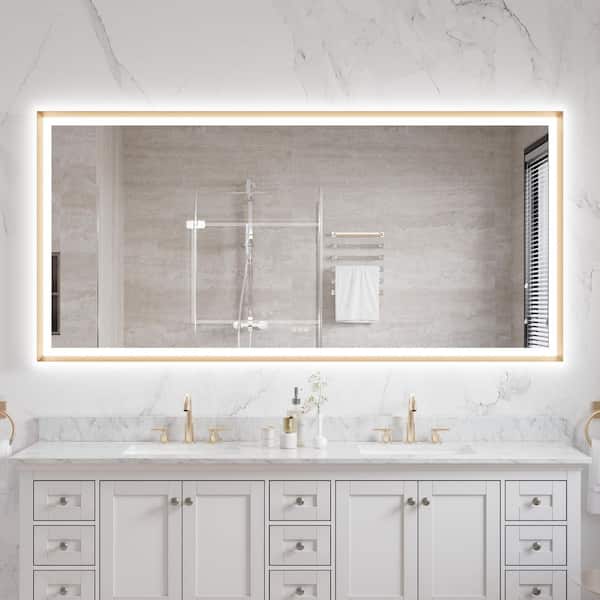 FORCLOVER 84 in. W x 40 in. H Rectangular Brushed Framed Back Light and Front Light LED Wall Mount Bathroom Vanity Mirror in Gold