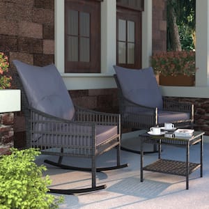 3-Piece Patio Wicker Outdoor Bistro Set with Gray Cushions and Pillows