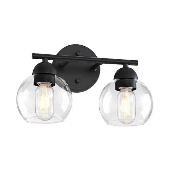 Pia Ricco 13 in. 2-Light Black Bathroom Vanity Light With Clear Glass Shade