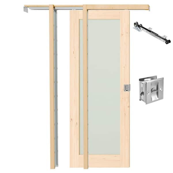 30 in. x 80 in. 1 Lite Frosted Glass Light Brown Pine Wood Pocket Door with Lock, Soft Close and Frame Kit, Pantry Door