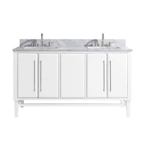 Mason 61 in. W x 22 in. D Bath Vanity in White/Silver Trim with Marble Vanity Top in Carrara White with White Basins