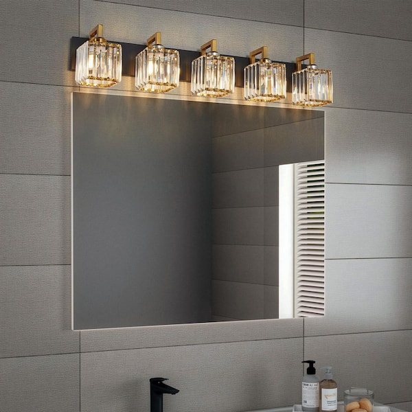 Home Lighting Fixture Width 36.22 in. 5-Light BlackGold Modern Crystal Vanity Lights Wall Sconces for Bathroom