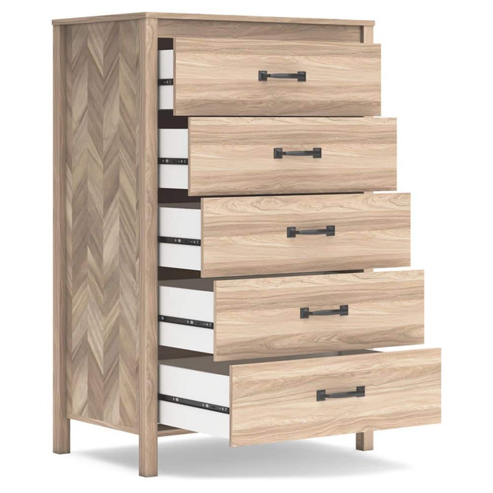 Tan Oak Grain Mid-Century 5-Drawer Dresser with Chevron Pattern