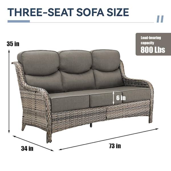 6 in Thicken 3-Seat Wicker Outdoor Couch Patio Sofa with Gray Cushion
