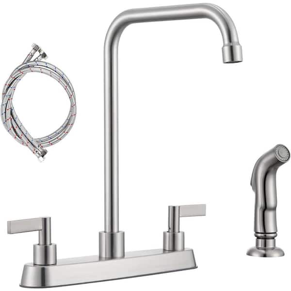 Double Handle Deck Mount Standard Kitchen Faucet, 4-Hole 8 in. Kitchen Sink Faucet with Side Sprayer in Brushed Nickel