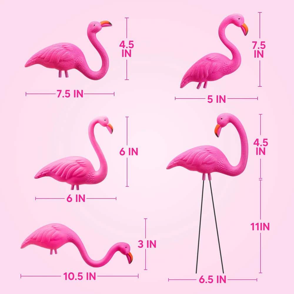 Mini Pink Plastic Flamingo Yard Ornament Stakes, 10-Pack