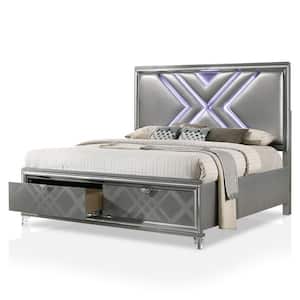 Rusconi Silver Wood Frame King Platform Bed with Lighted Headboard and Drawers